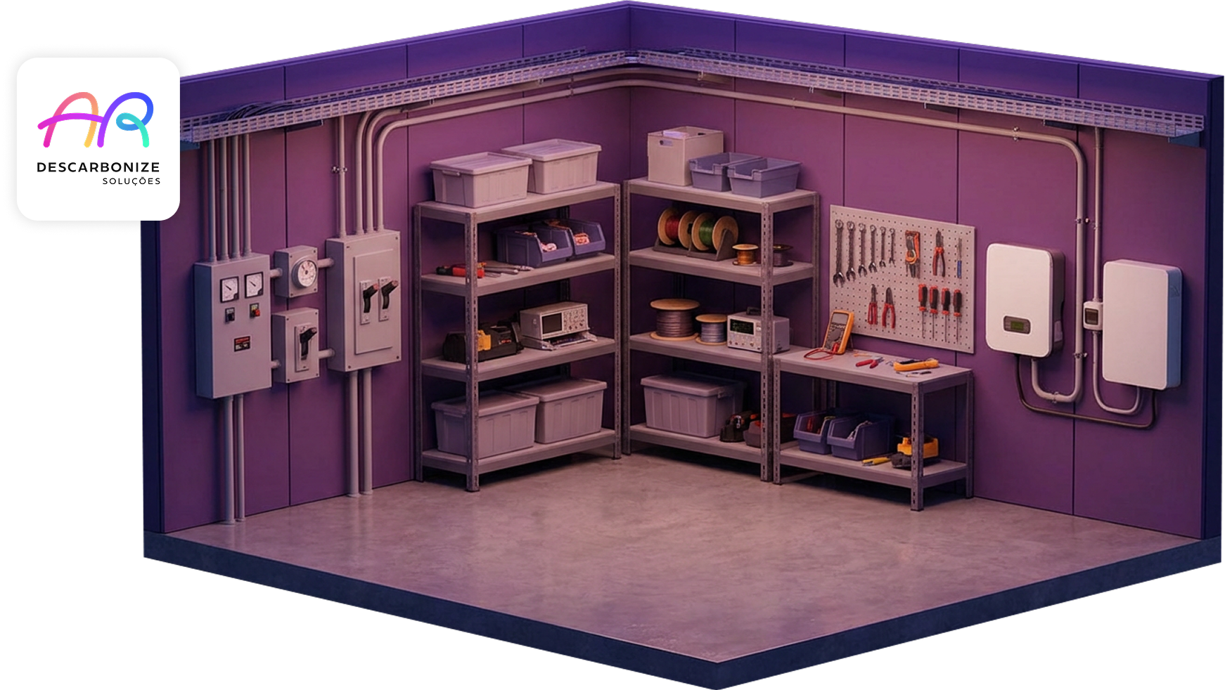 Maquete 3D de sala tecnica empresarial com inversor, bateria e equipamentos eletricos nas paredes