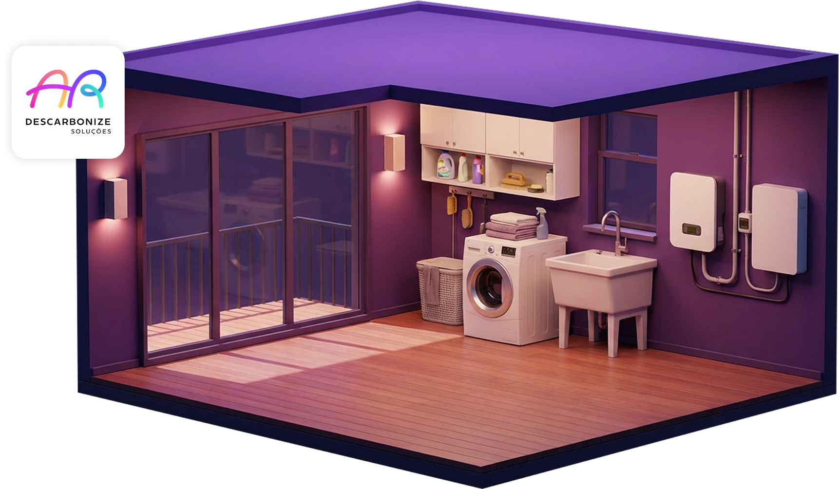 Maquete 3D de lavanderia residencial com inversor e bateria instalados na parede, demonstrando o funcionamento do sistema de armazenamento de energia