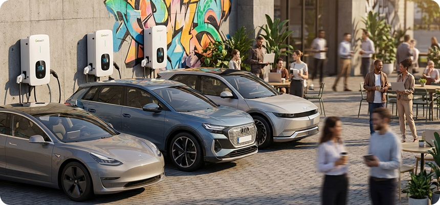 Veículos elétricos carregando em estação com múltiplos carregadores de parede