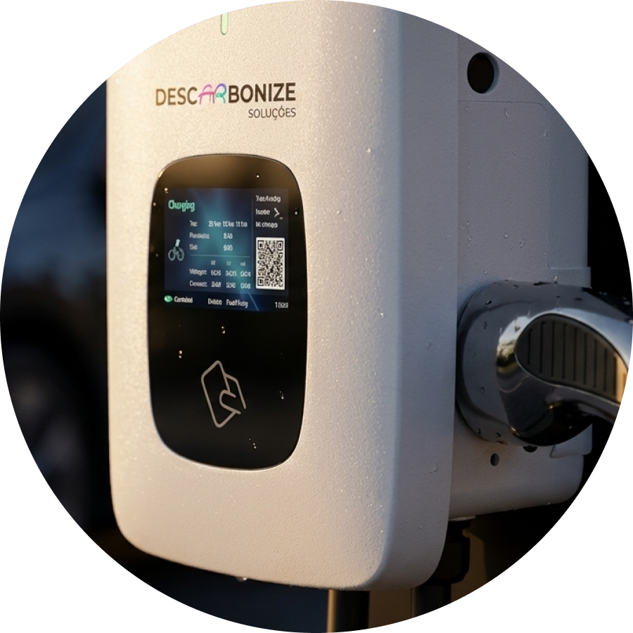 Carregador veicular inteligente Descarbonize com tela de monitoramento de recarga em tempo real