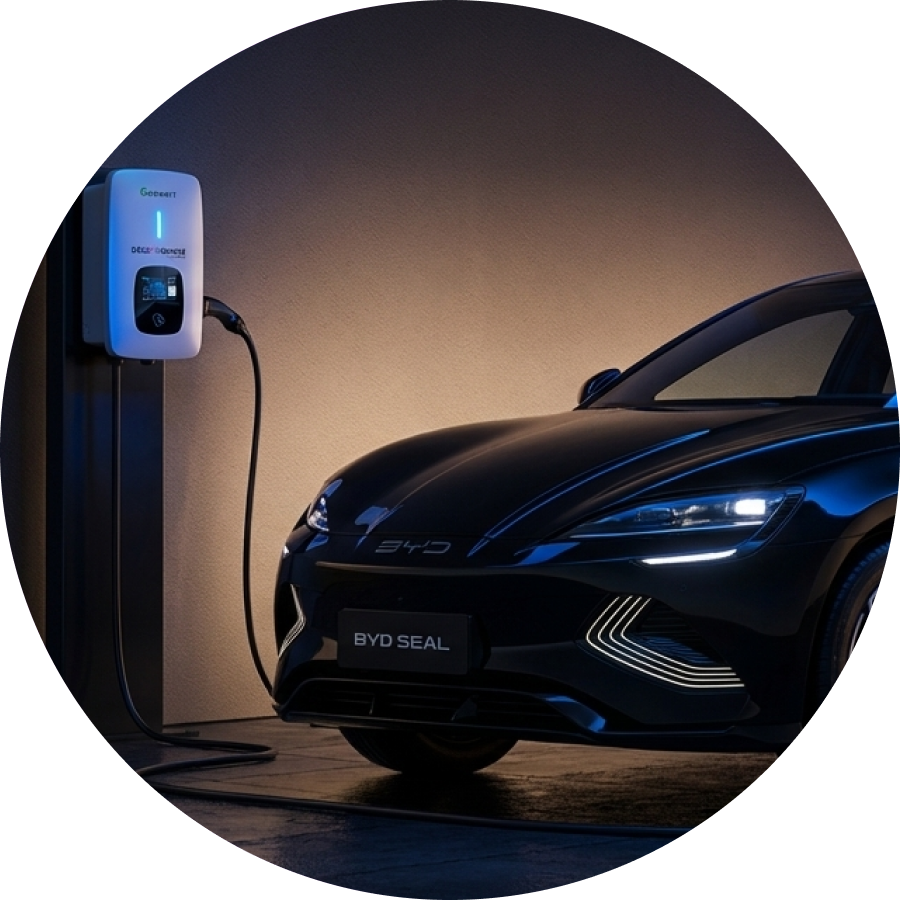 Carro elétrico BYD Seal conectado a carregador inteligente Descarbonize em ambiente corporativo