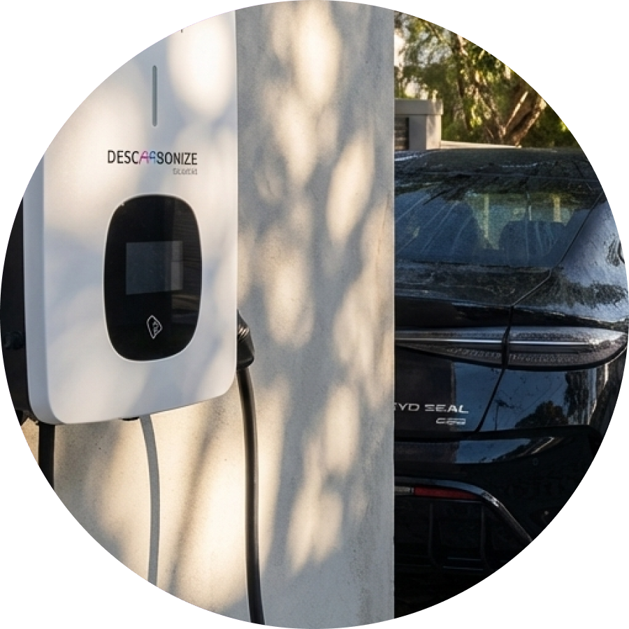 Carregador Descarbonize instalado em parede ao lado de carro elétrico, representando recarga corporativa