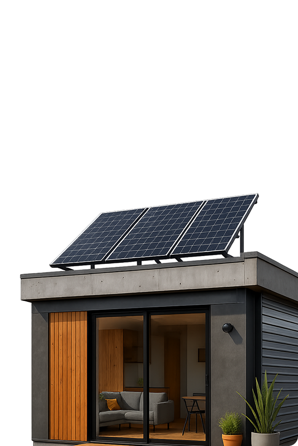 Casa moderna compacta com painéis solares no telhado