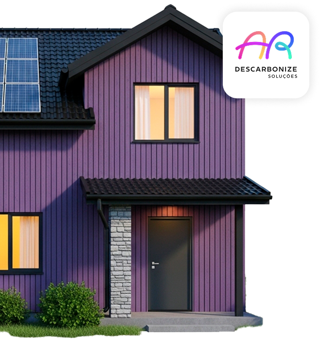 Casa roxa com painéis solares no telhado e logotipo Descarbonize