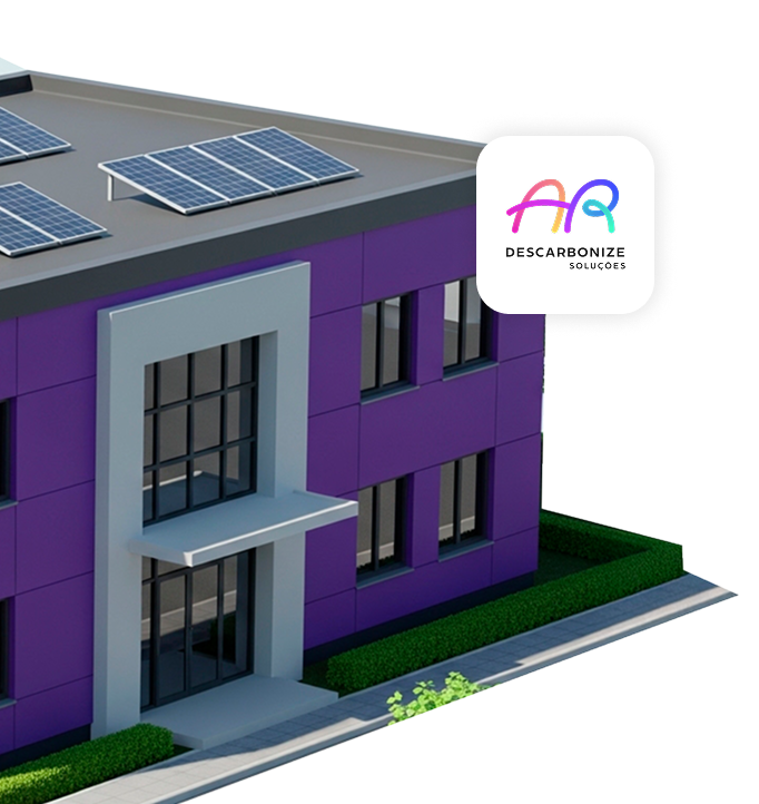 Prédio comercial roxo com painéis solares no telhado e logotipo Descarbonize