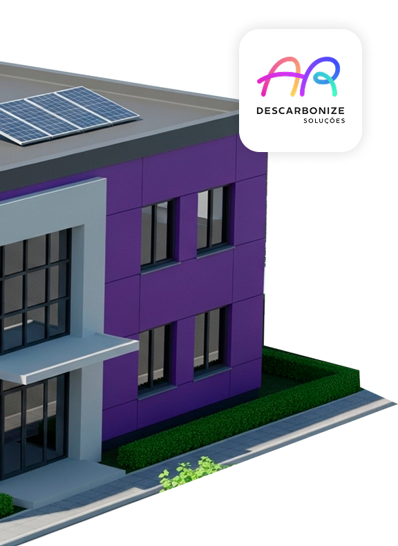 Prédio comercial roxo com painéis solares no telhado e logotipo Descarbonize