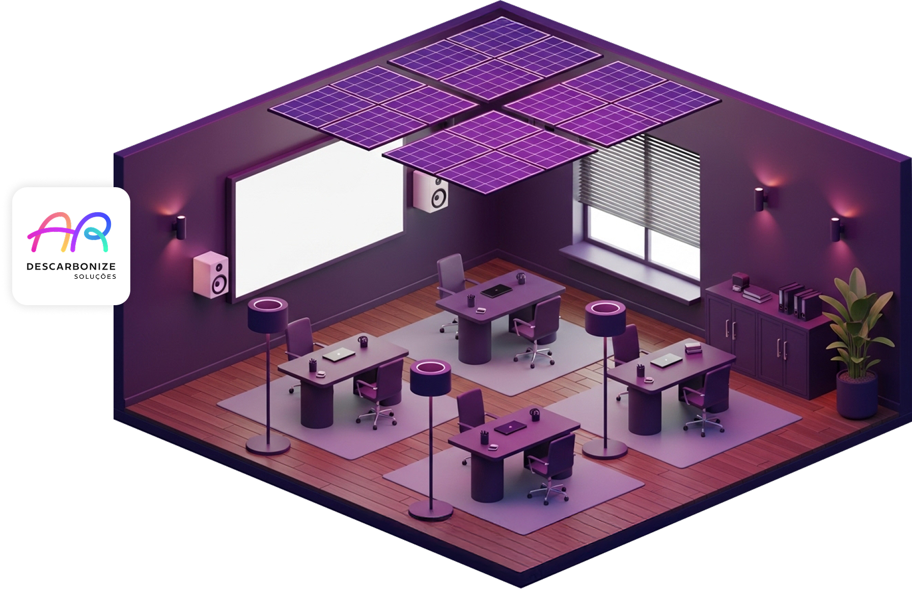 Ilustração 3D isométrica de um escritório corporativo com painéis solares no telhado, mesas de trabalho, computadores e equipamentos internos