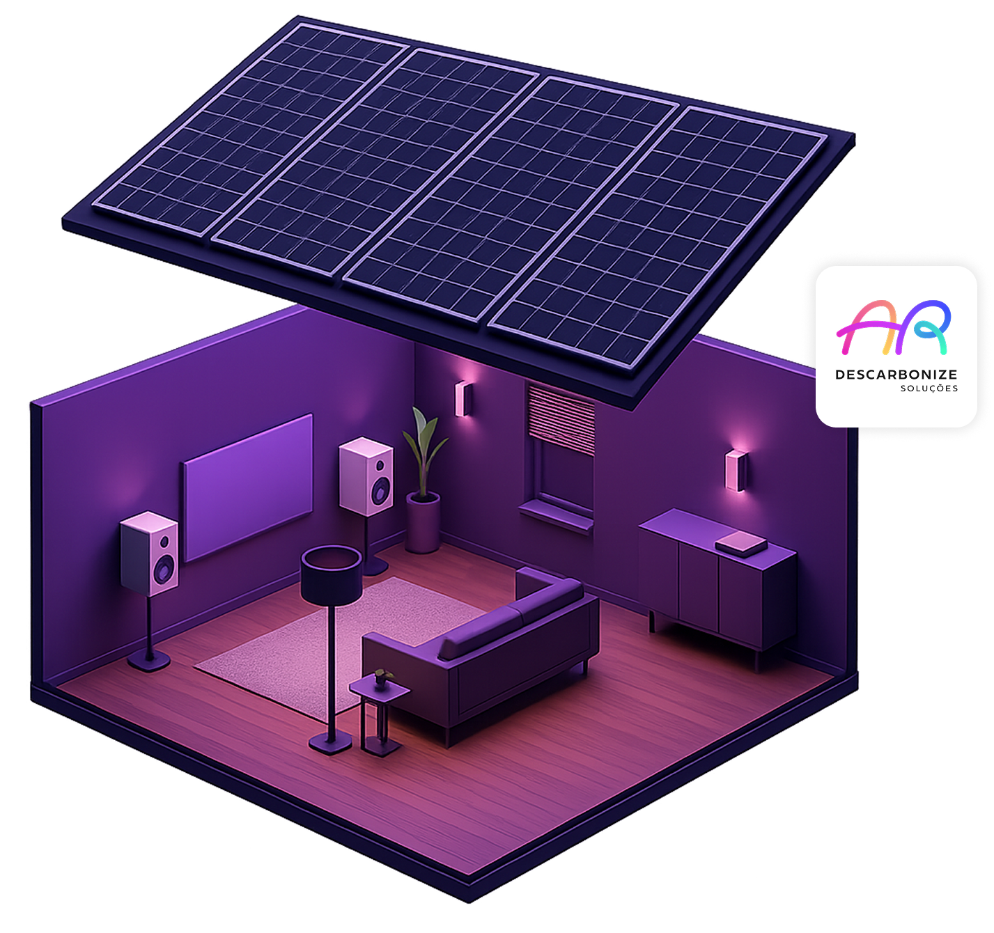 Ilustração 3D isométrica de uma casa com painéis solares no telhado, mostrando o interior com sala de estar e equipamentos conectados