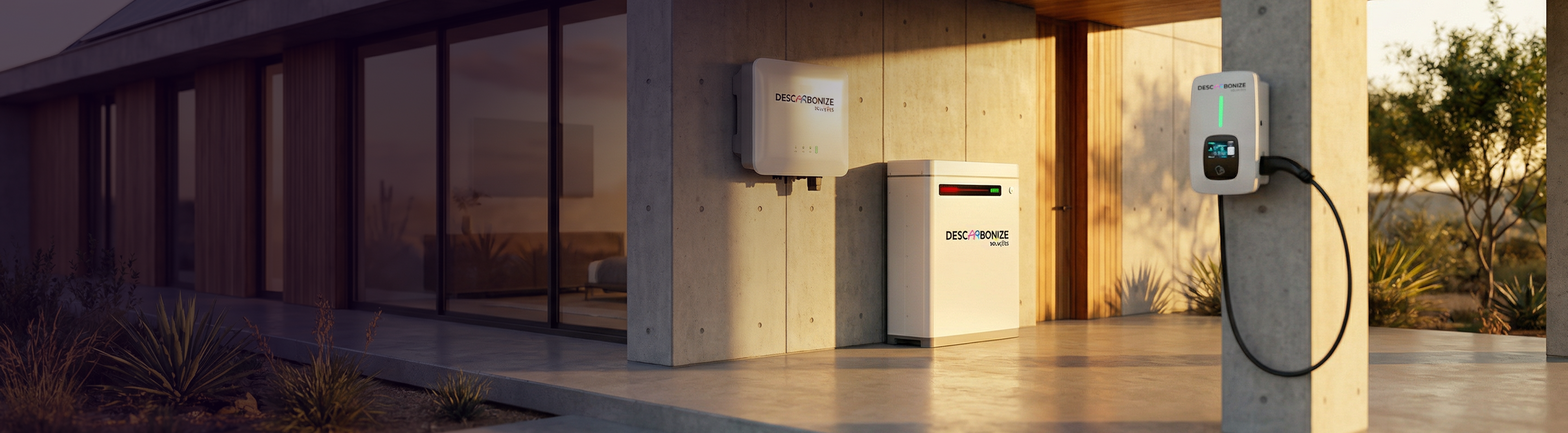 Fachada de residência moderna com inversor solar, bateria Descarbonize e carregador veicular instalados na parede externa ao entardecer