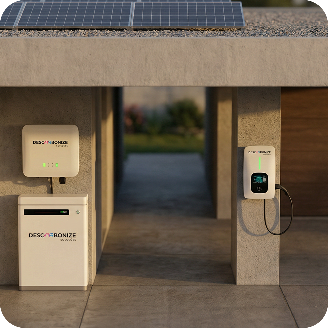 Equipamentos Descarbonize instalados em residência: painéis solares no telhado, inversor, bateria e carregador veicular na parede