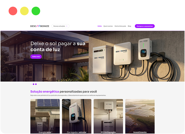 Tela do site Descarbonize mostrando soluções energéticas personalizadas com inversor e carregador veicular