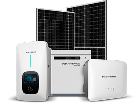 Kit completo de energia solar Descarbonize com painéis solares, inversor com tela digital, bateria e string box