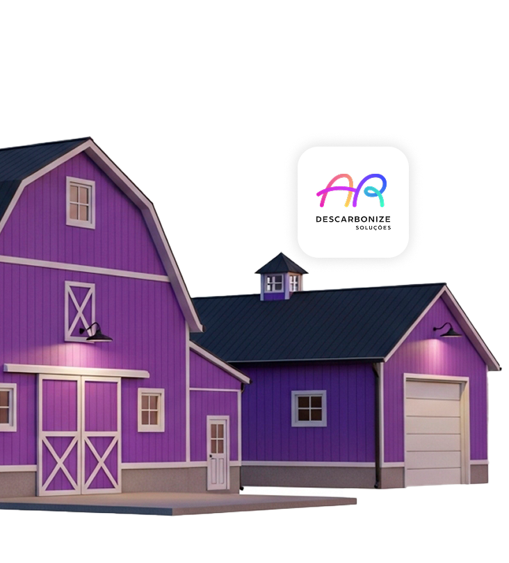 Propriedade rural com celeiro e galpão roxos com logotipo Descarbonize