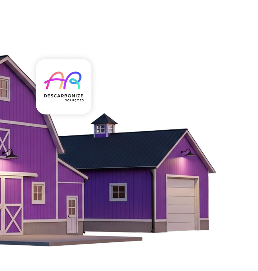 Propriedade rural com celeiro e galpão roxos com logotipo Descarbonize