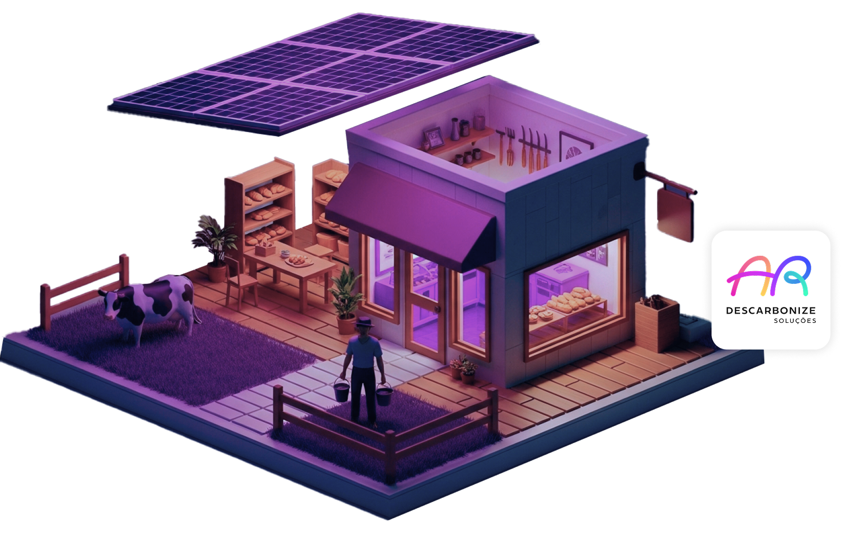 Ilustração 3D isométrica de propriedade rural com painéis solares no telhado, galpão, trabalhador e vaca no curral