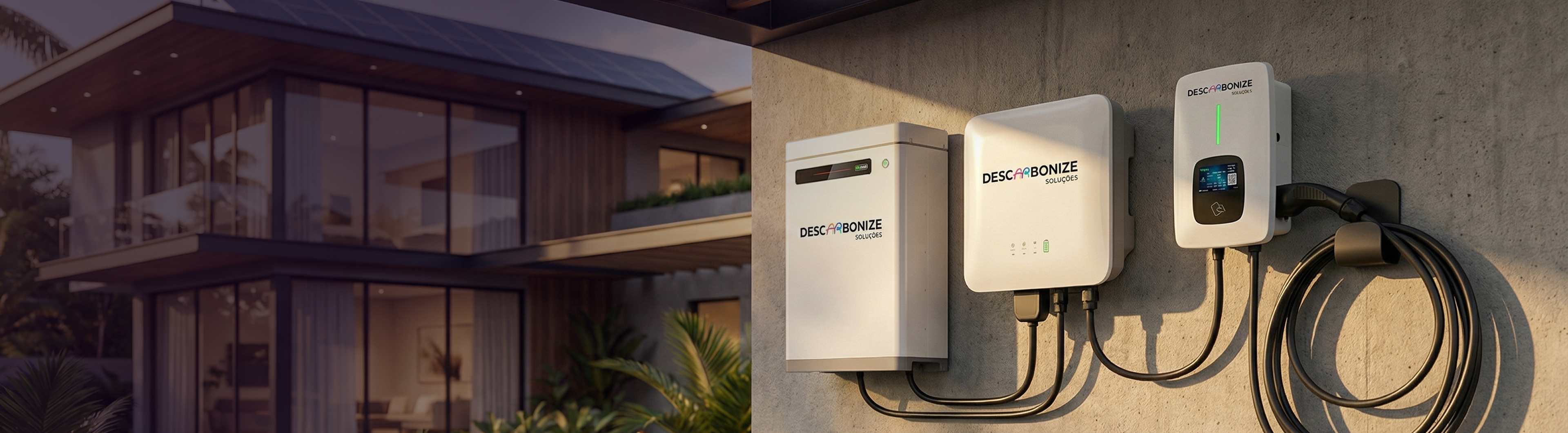 Casa moderna com painéis solares e equipamentos Descarbonize instalados na parede, incluindo inversor e carregador veicular