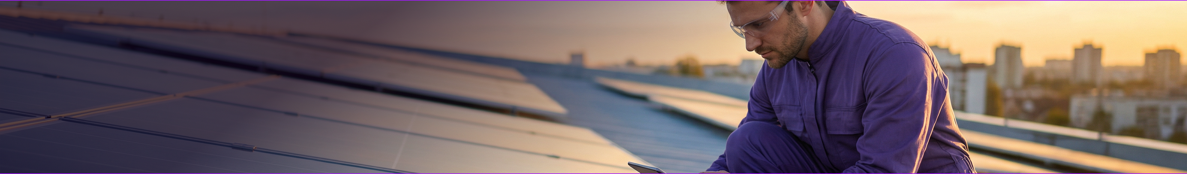 Técnico realizando manutenção em painéis solares ao pôr do sol