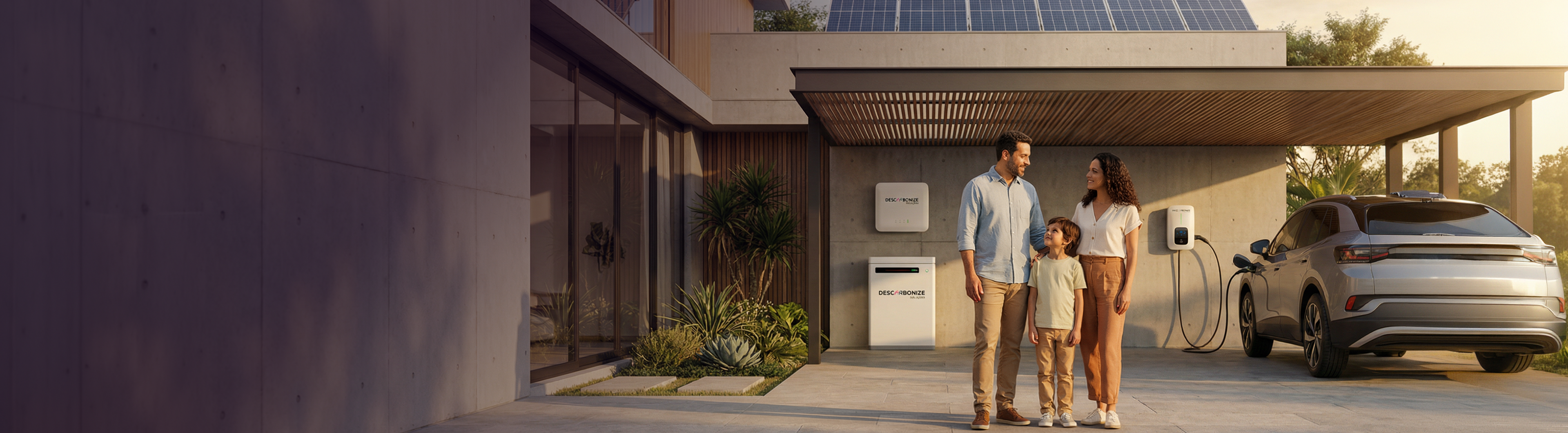 Família em frente a casa com painéis solares no telhado, bateria Descarbonize e carro elétrico carregando