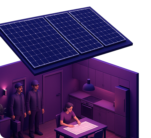 Ilustração 3D de casa com painéis solares no telhado, representando os melhores equipamentos certificados AAA