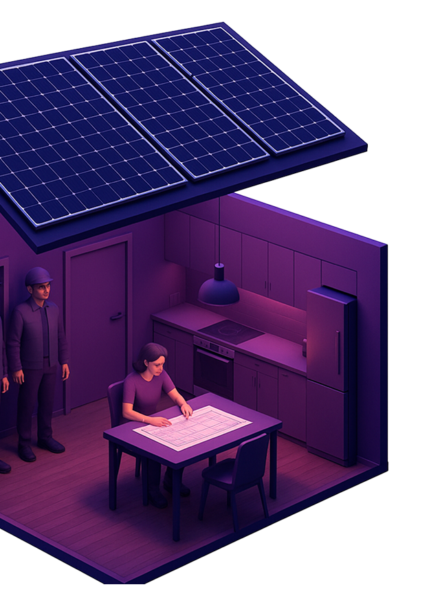 Ilustração 3D de casa com painéis solares no telhado, representando os melhores equipamentos certificados AAA