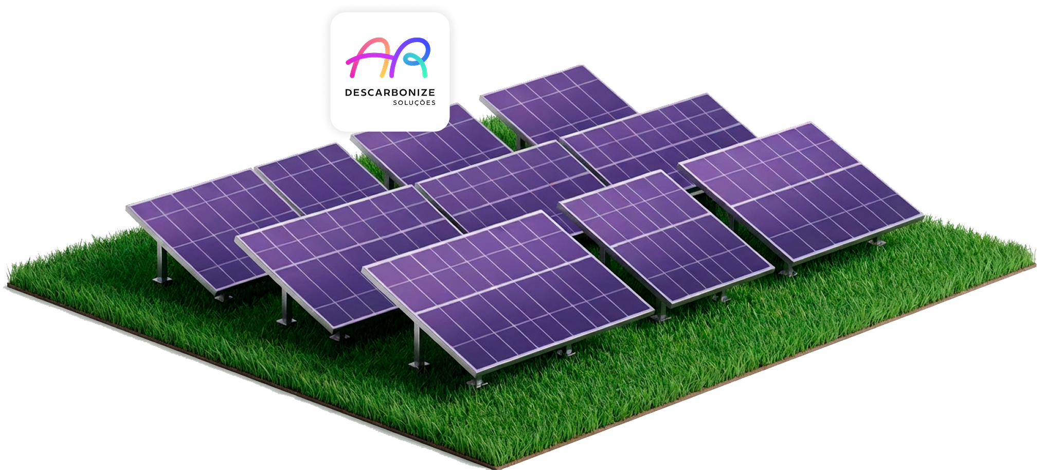 Infográfico 3D ilustrando painéis solares instalados sobre gramado com o logo Descarbonize AR