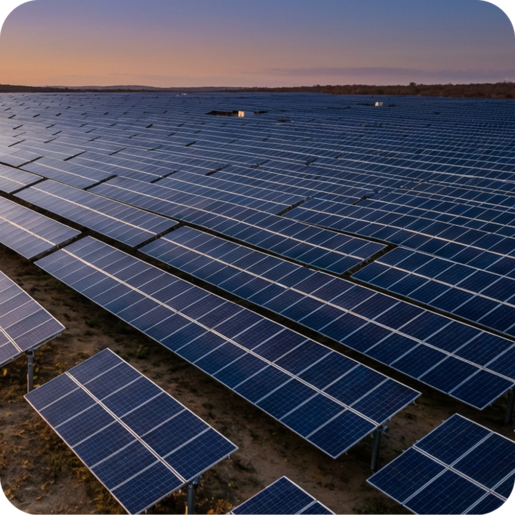 Usina solar de grande porte com fileiras de painéis fotovoltaicos ao entardecer