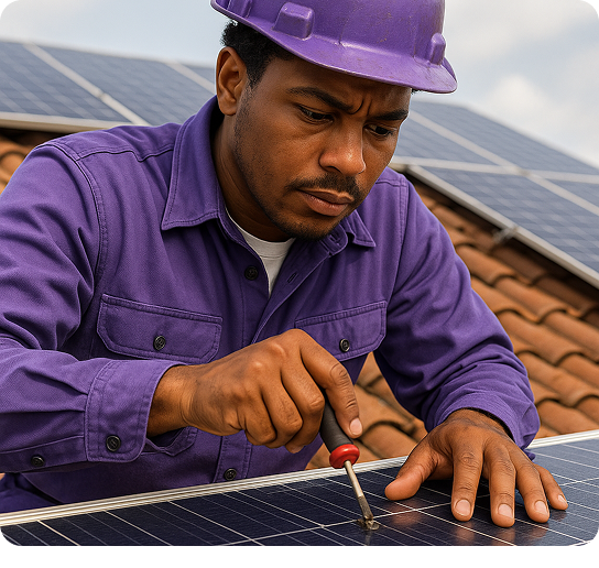 Técnico Descarbonize instalando painel solar em telhado