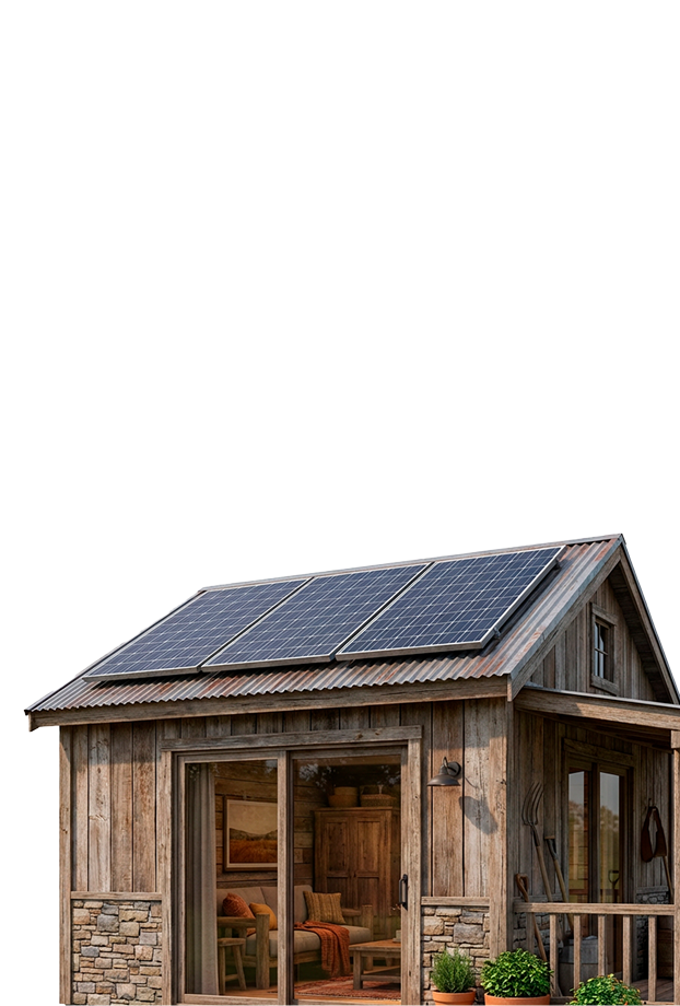 Cabana rústica com painéis solares instalados no telhado
