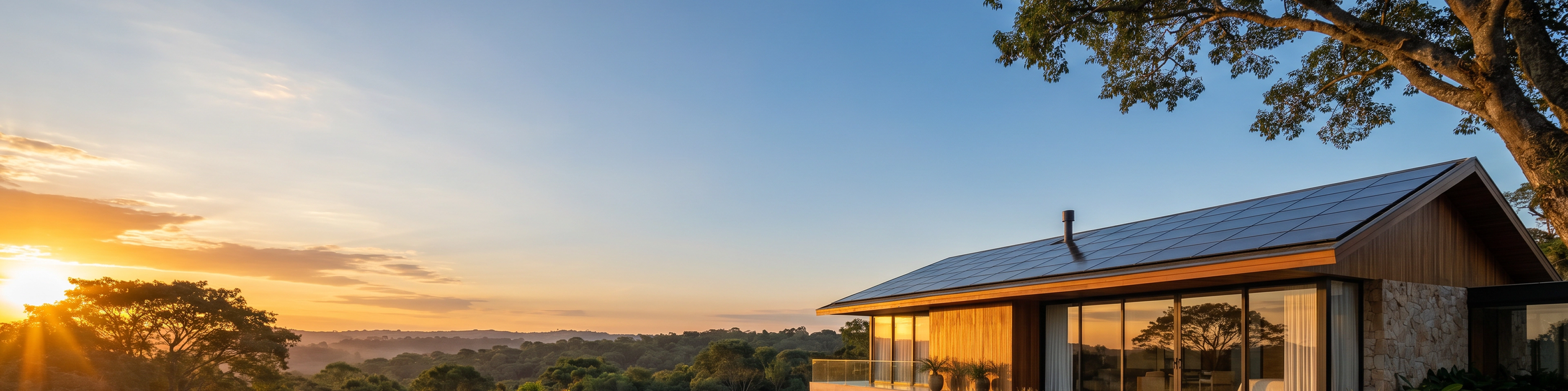 Equipamentos de energia solar Descarbonize: inversores, baterias e painel fotovoltaico em frente a uma residência moderna
