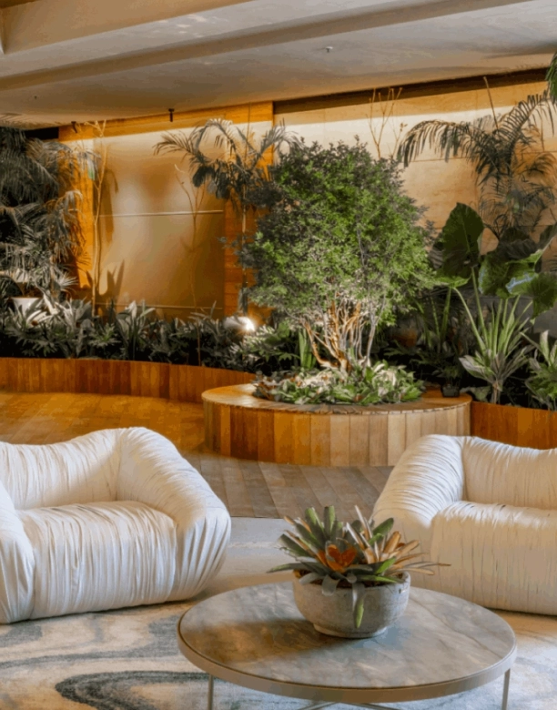 Ambiente decorado com plantas e mobiliário no evento Casa Cor com projeto da Descarbonize